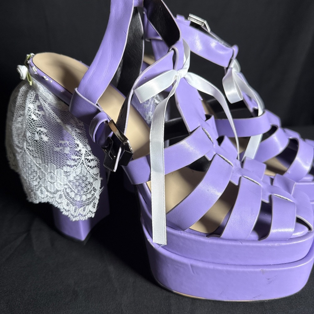 Lilac Platform Chunky Sandals Size 39 Coquette Upcycled Lace Ribbon Purple